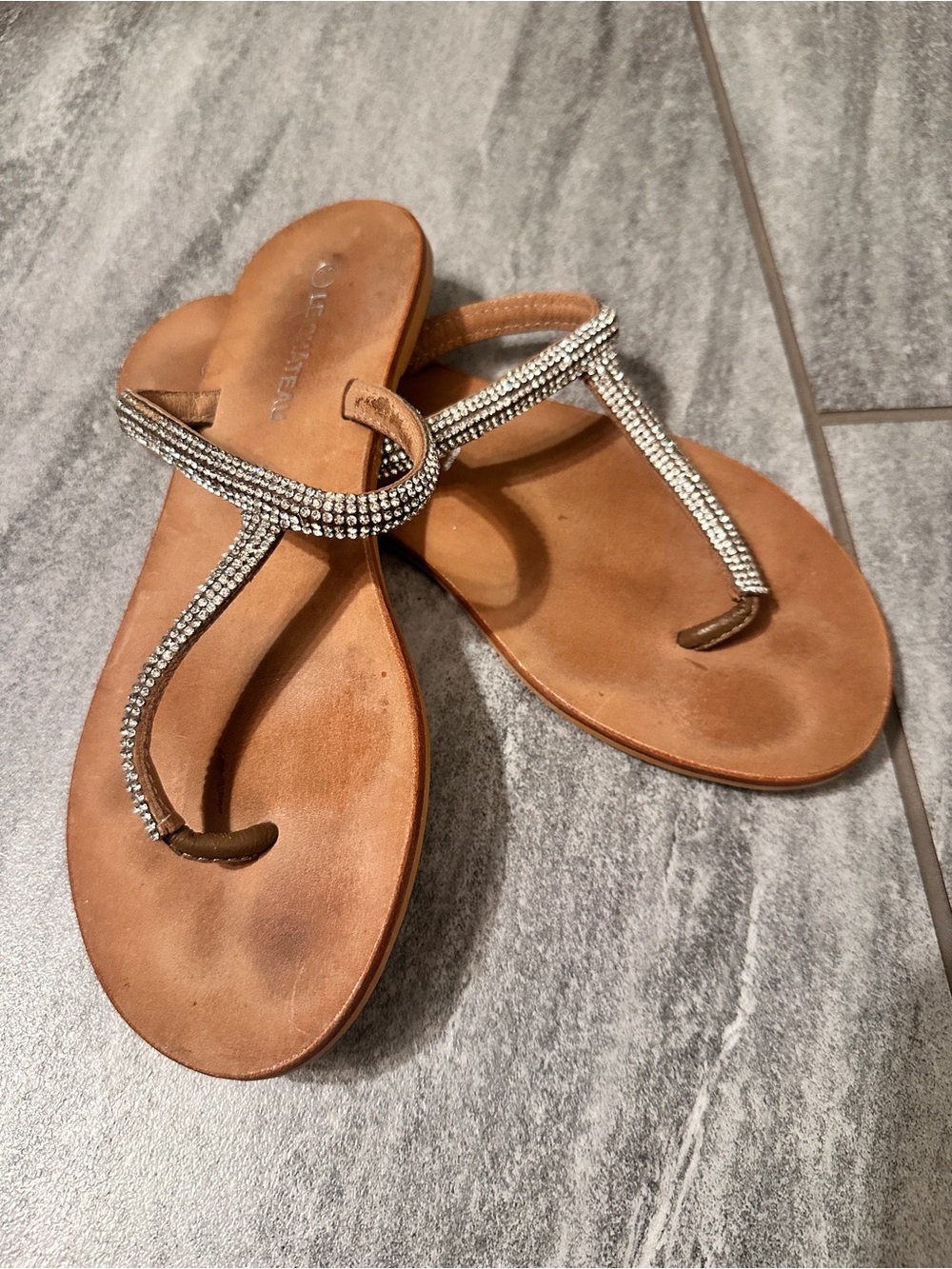 Le Château Genuine Leather Rhinestone T-Strap Flat Sandals Tan Size 36